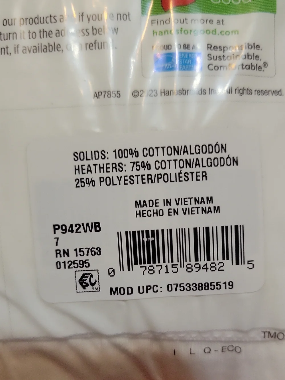 NEW Hanes Tagless Cotton Bikini Undies Size 7 / L - Pack of 9